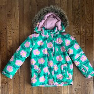 Girls Spring Coat Green Pink Floral Faux Fur Hood Warm Jacket Mini Boden 11-12